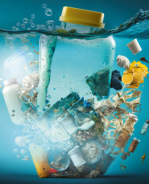 Waste and plastic under water. (photo)
